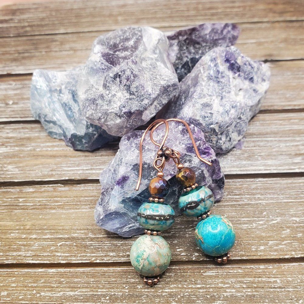 Aqua Imperial Jasper, Lampwork and Tigers' Eye Drop Earrings